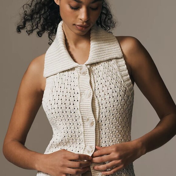 Maeve Open-Knit Halter Sweater Tank Ivory Button Front – Women’s XL - Picture 4 of 4